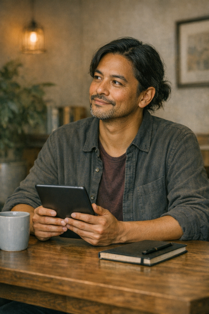 A man sits at a table in what may be a cafe or a dining room. He has thick dark hair, slightly long, and a short beard. In appearance he may be South Asian or Middle Eastern, perhaps North African or suntanned Mediterranean European. He's puaisng reflectively from enjoying his Kindle book. On the table in front of him are a coffee mug and a diary with a smart pen. The room is decorated in a fairly cosy style, with soft lighting, a large green plant, books, a painting on the wall.