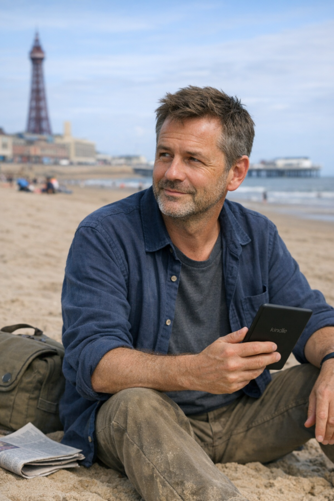 A man of suntanned White appearance sits on the beach at Blackpool, with the Tower and North Pier in the background. He's wearing a robust shirt, open over a T-shirt, and chinos. He's paused reflectively while enjoying reading a Kindle book. Beside him are a small day-pack and a newspaper.