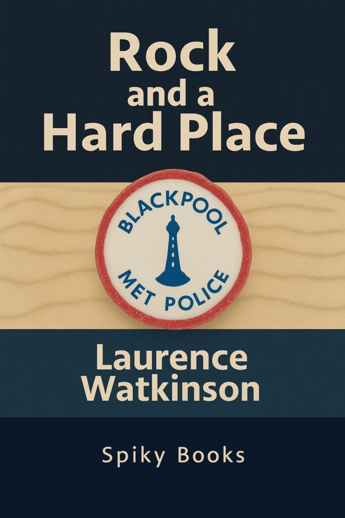 Cover of a novel by by Laurence Watkinson from Spiky Books, with the title Rock and a Hard Place. The cover art features a cut-through view a stick of rock, bearing the words Blackpool Met Police and an image of Blackpool Tower. The background is suggestive of rippled sand on Blackpool beach.