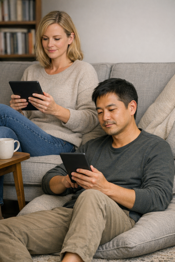 A woman and a man are sitting together, each enjoying their Kindle book on an e-reader. She's of White appearance, casually dressed n a pullover and jeans, seated on the sofa. He's of east Asian appearance, similarly dressed, seated on a floor cushion leaning against the sofa. The living room decor is simple, minimalist and comfortable, and a bookcase is visible.
