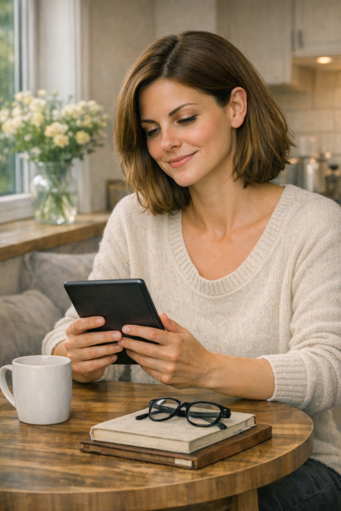 A woman sits in a comfortable, brightly-lit kitchen enjoying reading a Kindle book. She's of White appearance, wearing a smart-casual knitted pullover. On the table in front of her are a coffee mug, a notebook and a diary. There are small white flowers in a simple glass vase on the windowsill.