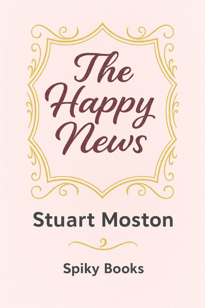 Cover of a novel by Stuart Moston from Spiky Books, with the title The Happy News. The cover art suggests the fancy design of a wedding invitation.