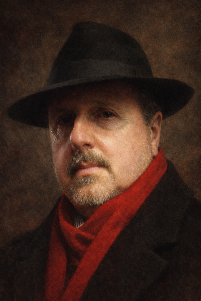 Laurence Watkinson, head and shoulders. He's a heavy-set white man in late middle- age, with a close-cropped chin-beard and moustache. He's wearing a broad-brimmed trilby and a heavy woollen overcoat, both in blue-black, and a fine knitted scarf in a rich bright red.