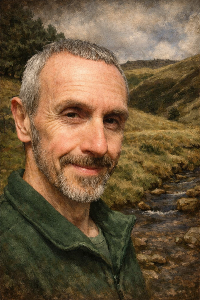 Stuart Moston, head and shoulders; a late-middle-aged white man with very short, greying hair and a close beard and moustache. He's smiling at the camera. He's dressed casually in a fleece jacket, and in the background is a winding valley in the Peak District in England.