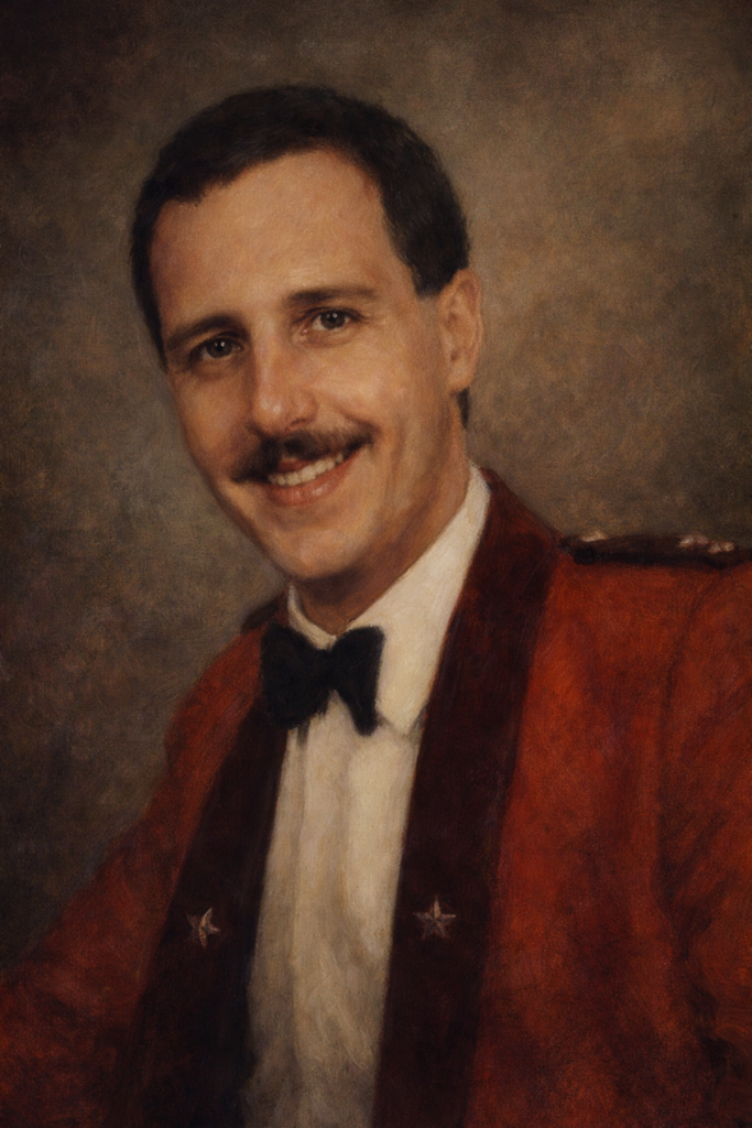 Wilfred Southall portrait; a white man in his twenties, with short dark hair and moustache. He's wearing the mess dress of the Parachute Regiment - a scarlet jacket with maroon facings, white shirt and black bow-tie, and he's smiling into the camera.