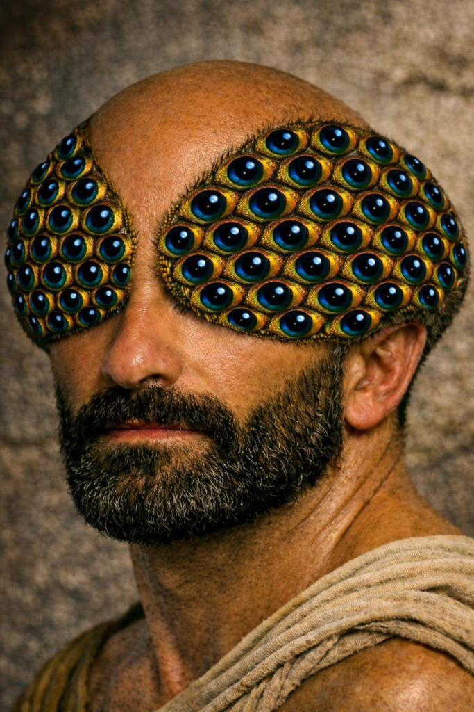 The Titán, Árgos Panóptës, head and shoulders. He looks like a mortal man with a short dark beard and a suntanned complexion, but he has 100 magical eyes. Each eye looks like the distinctive marking on a peacock's tail feather. The eyes are in two clusters of 50 eyes each. Each cluster starts beside the bridge of his nose and spreads back across his bald head, also covering the side of his head down to the ear.